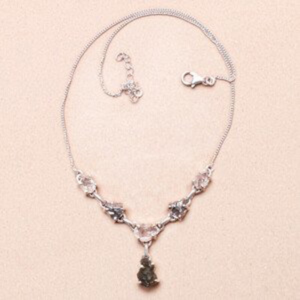 Vltavín, Herkimer diamant a meteorit náhrdelník stříbro Ag 925 LOT13 - 40 - 45 cm, 10,7 g