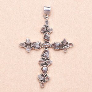 Meteorit Campo del Cielo a Herkimer diamant přívěsek kříž stříbro Ag 925 LOT5 - 5,2 cm, 9,9 g