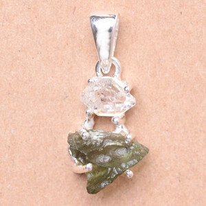 Vltavín a herkimer diamant přívěsek stříbro Ag 925 LOT10 - 1,6 cm, 2,2 g