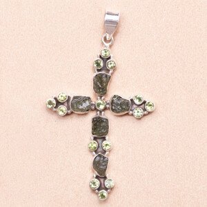 Vltavín a olivín přívěsek kříž stříbro Ag 925 LOT3 - 5,2 cm, 7,9 g