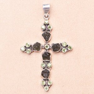 Vltavín a olivín přívěsek kříž stříbro Ag 925 LOT4 - 5,2 cm, 8,1 g