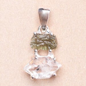 Vltavín a herkimer diamant přívěsek stříbro Ag 925 LOT16 - 1,6 cm, 2,6 g