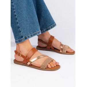 Moderní hnědé  sandály dámské na plochém podpatku