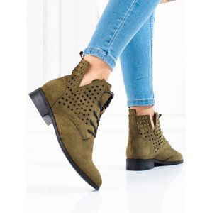 Designové dámské  kotníčkové boty zelené na plochém podpatku