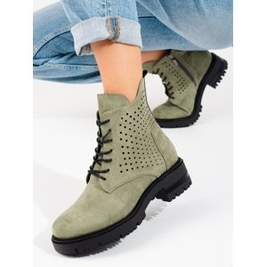 Zajímavé zelené  kotníčkové boty dámské na plochém podpatku