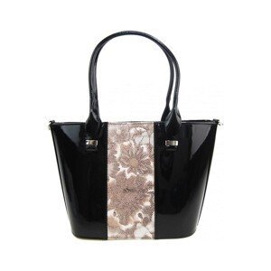 Grosso  Luxusní dámská kabelka černý lak s hnědými kvítky S504  Kabelky Černá