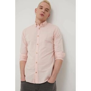Košile ze směsi lnu Jack & Jones pánská, růžová barva, slim, s límečkem button-down