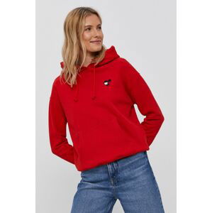 Bavlněná mikina Tommy Jeans dámská, červená barva, hladká