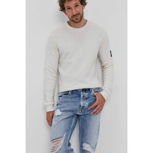 Tričko s dlouhým rukávem Calvin Klein Jeans pánské, krémová barva, hladké