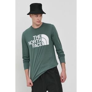Bavlněné tričko s dlouhým rukávem The North Face zelená barva, hladké