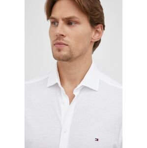 Bavlněné tričko Tommy Hilfiger pánské, bílá barva, slim, s italským límcem