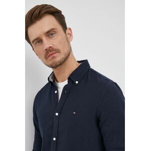 Košile ze směsi lnu Tommy Hilfiger pánská, tmavomodrá barva, slim, s límečkem button-down