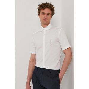 Bavlněné tričko Hugo pánské, bílá barva, slim, s klasickým límcem