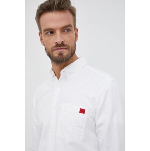 Bavlněné tričko Hugo pánské, bílá barva, slim, s límečkem button-down