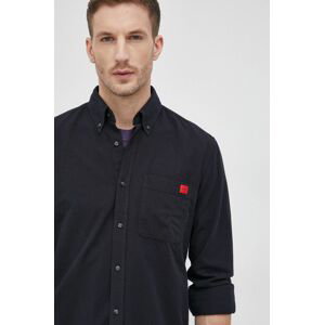 Bavlněné tričko Hugo pánské, černá barva, slim, s límečkem button-down