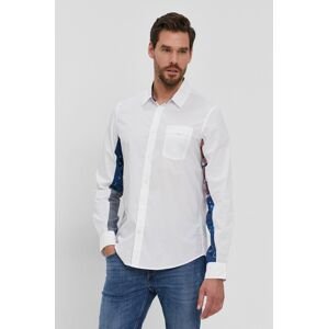 Bavlněné tričko Desigual pánské, bílá barva, regular, s klasickým límcem