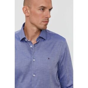 Bavlněné tričko Tommy Hilfiger pánské, tmavomodrá barva, slim, s italským límcem