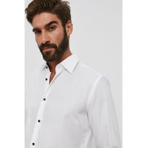 Bavlněné tričko Boss pánské, bílá barva, slim, s klasickým límcem