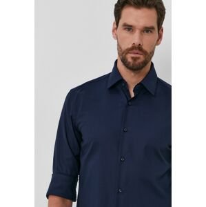 Bavlněné tričko Boss pánské, tmavomodrá barva, slim, s klasickým límcem