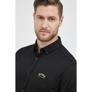 Bavlněné tričko Boss pánské, černá barva, regular, s límečkem button-down
