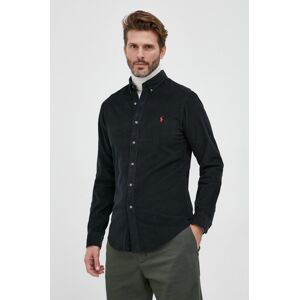 Manšestrová košile Polo Ralph Lauren pánská, černá barva, regular, s límečkem button-down