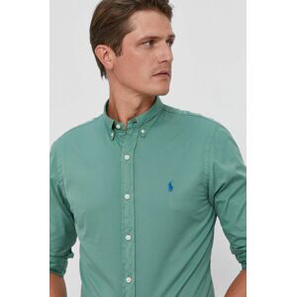 Bavlněné tričko Polo Ralph Lauren pánské, zelená barva, slim, s límečkem button-down