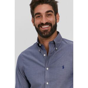 Bavlněné tričko Polo Ralph Lauren pánské, tmavomodrá barva, slim, s límečkem button-down
