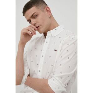 Bavlněné tričko Tommy Jeans pánská, bílá barva, regular, s límečkem button-down