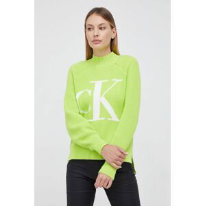 Svetr z vlněné směsi Calvin Klein Jeans dámský, zelená barva, lehký, s rolákem