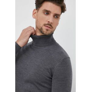 Vlněný svetr Hugo pánský, šedá barva, lehký, s rolákem