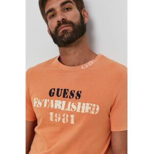 Tričko Guess pánské, oranžová barva, s potiskem