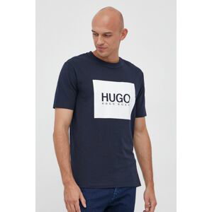 Bavlněné tričko Hugo tmavomodrá barva, s potiskem