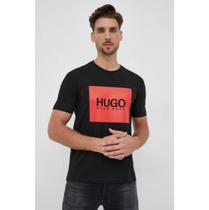 Bavlněné tričko Hugo černá barva, s potiskem