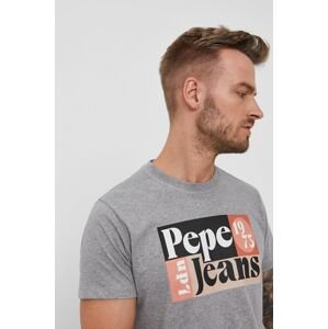 Bavlněné tričko Pepe Jeans Wells šedá barva, s potiskem