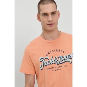 Bavlněné tričko Jack & Jones oranžová barva, s potiskem