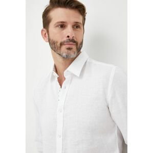 Plátěná košile BOSS pánská, bílá barva, slim, s klasickým límcem