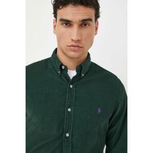Manšestrová košile Polo Ralph Lauren pánská, zelená barva, slim, s límečkem button-down