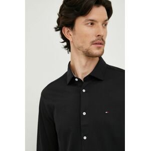 Bavlněné tričko Tommy Hilfiger černá barva, slim, s klasickým límcem