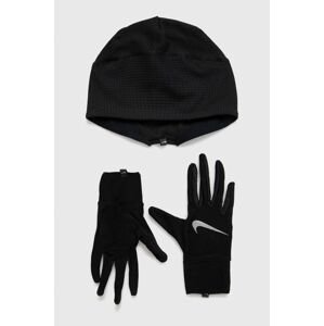 Čepice a rukavice Nike černá barva, z tenké pleteniny