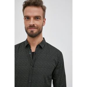 Bavlněné tričko Hugo pánské, černá barva, slim, s klasickým límcem