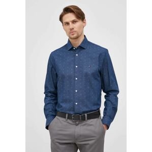 Bavlněné tričko Tommy Hilfiger pánská, tmavomodrá barva, slim, s italským límcem
