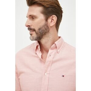 Košile ze směsi lnu Tommy Hilfiger pánská, růžová barva, regular, s límečkem button-down