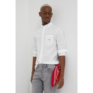 Bavlněné tričko Tommy Jeans pánská, bílá barva, regular, s límečkem button-down