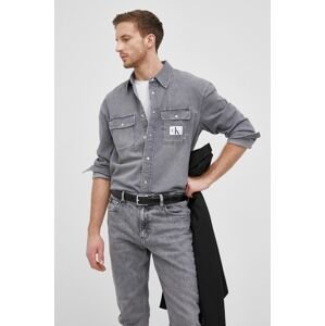 Džínová košile Calvin Klein Jeans pánská, šedá barva, relaxed, s klasickým límcem