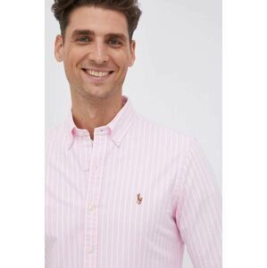 Bavlněné tričko Polo Ralph Lauren pánské, růžová barva, slim, s límečkem button-down