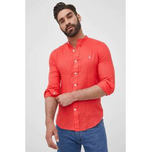 Plátěná košile Polo Ralph Lauren pánská, červená barva, slim, se stojáčkem