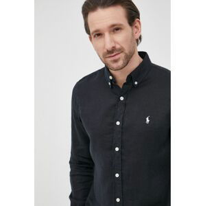 Plátěná košile Polo Ralph Lauren pánská, tmavomodrá barva, slim, s límečkem button-down