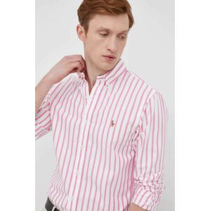 Bavlněné tričko Polo Ralph Lauren pánská, růžová barva, slim, s límečkem button-down