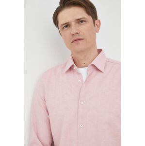 Košile ze směsi lnu BOSS pánská, růžová barva, slim, s italským límcem