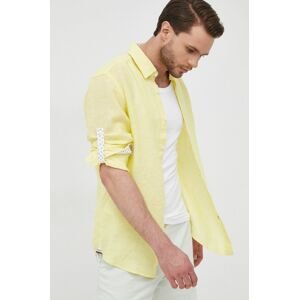 Plátěná košile Boss pánská, žlutá barva, regular, s klasickým límcem